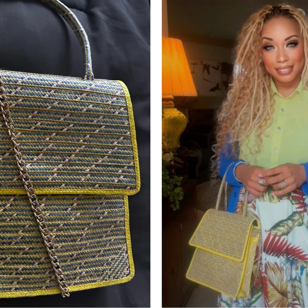 Stylish Yellow and Gray Woven Handbag- F